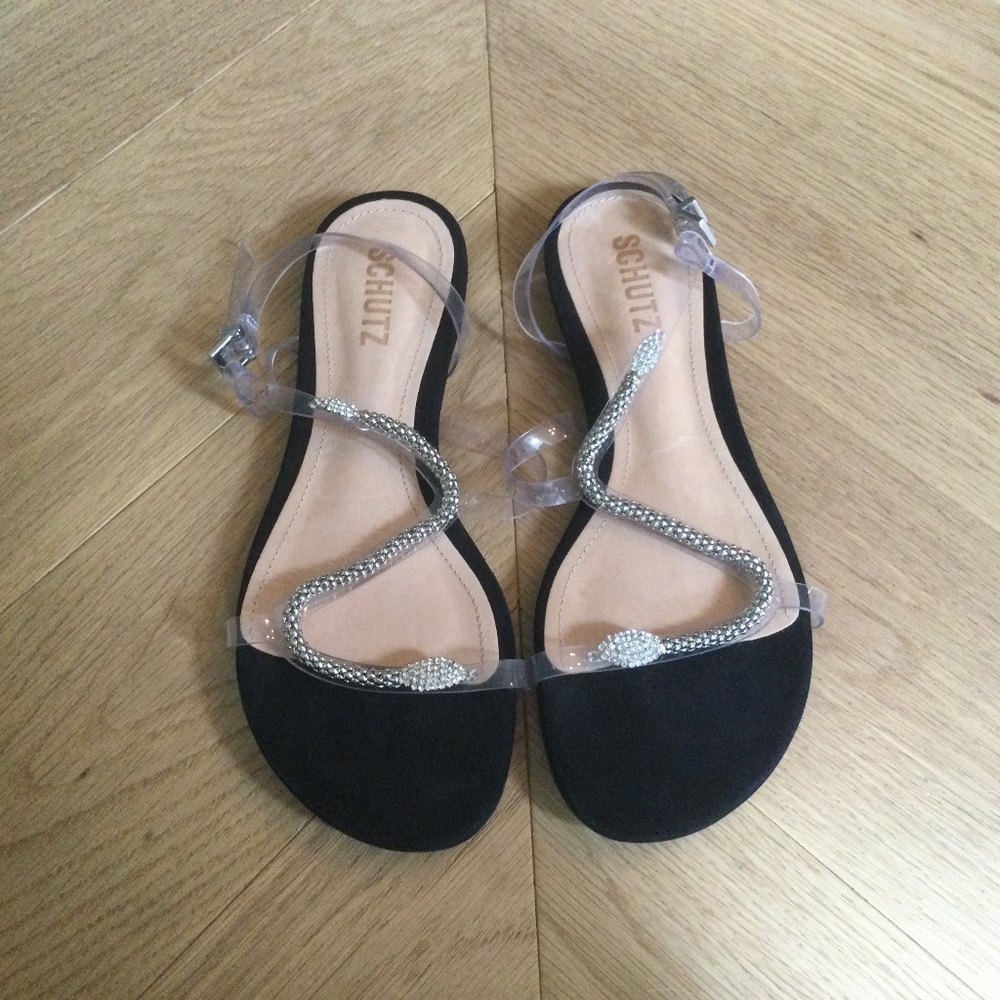 Schutz Gabby Clear, black and Silver Snake Sandals
